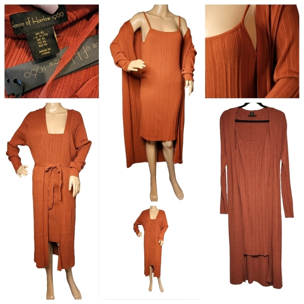 NWT‎ House of Harlow 2 Piece Knit Sweater Dress & Long Cardigan XL Rust Brown